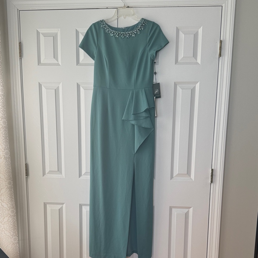 Adrianna Papell Teal Maxi Dress with Jeweled Neckline